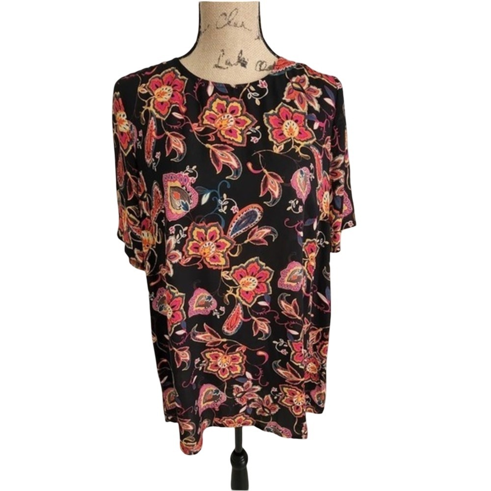 Investments Womens Floral Paisley Short Sleeve Blouse Black Pink Size Medium NWT